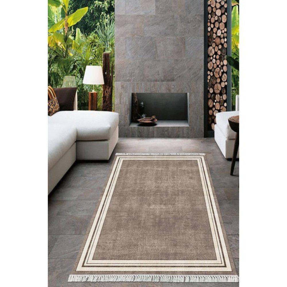 Viyana Home Dijital Baskılı Kaymaz Taban Yıkanabilir Çerçeveli Salon Halısı Mutfak Halısı Yolluk VH-HT-1268 - Kahverengi - 120 x 180 cm Kilim Fiyatı