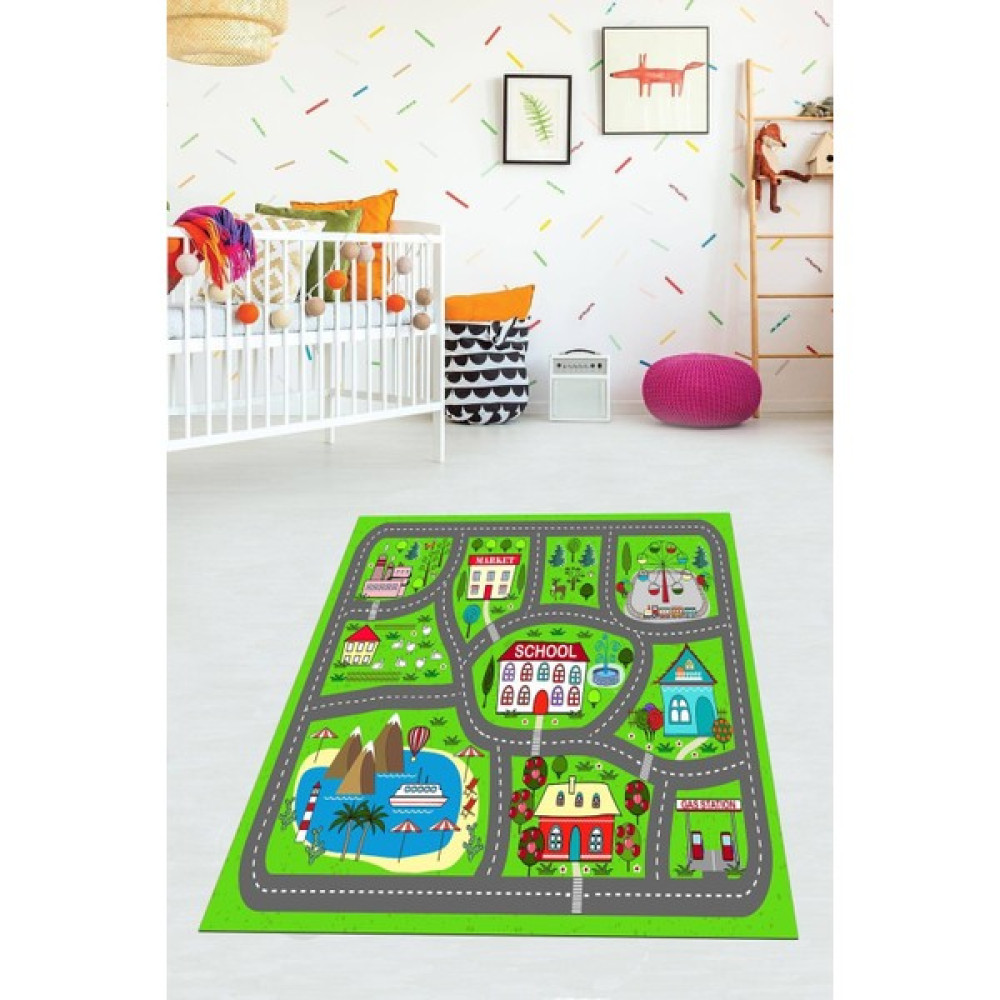Viyana Home Dijital Baskılı Kaymaz Taban Yıkanabilir Modern Trafik Yollu Çocuk Odası Halısı VHÇ-SD-627 - 40 x 60 cm - Yeşil Bebek Odası Halı Fiyatı