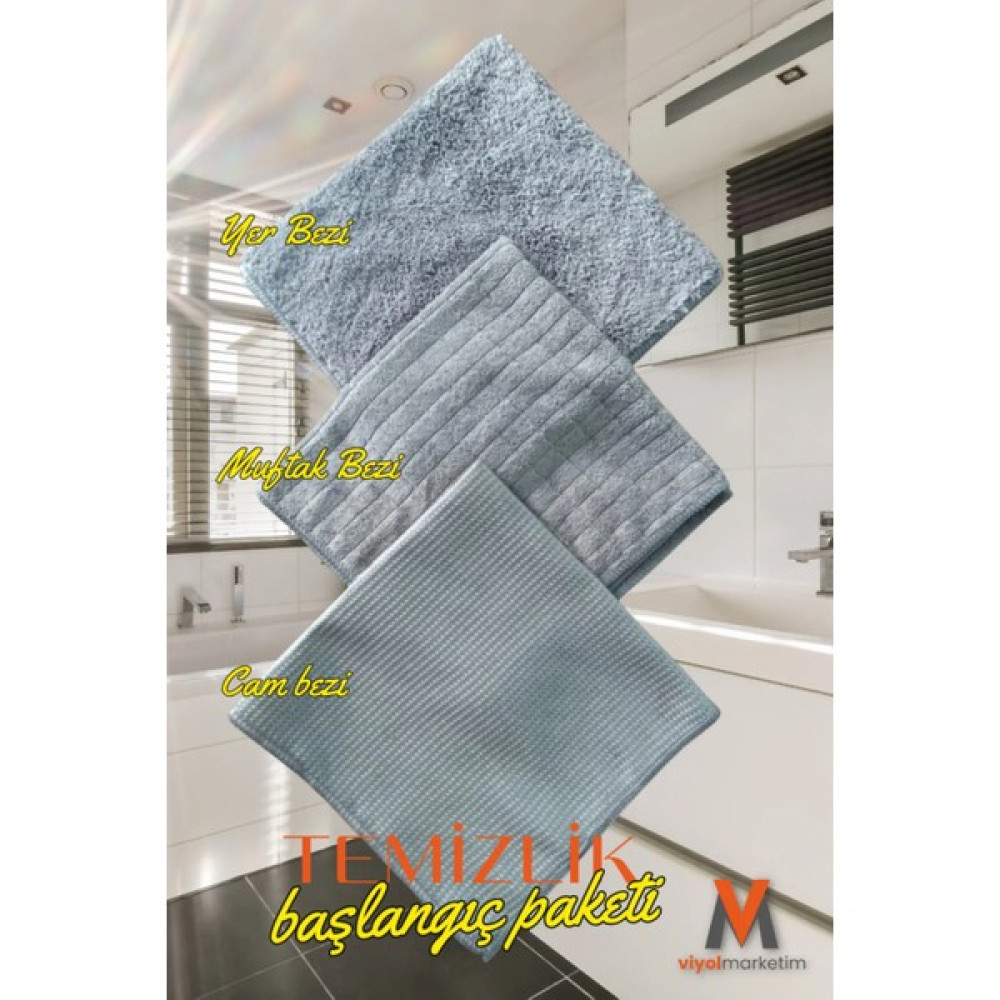 viyolmarketim ( 3 Adet ) Temizlik Başlangıç Seti Cam Bezi , Mutfak Bezi , Yer Temizlik Bezi 40 *40 cm Temizlik Malzemeleri Fiyatı