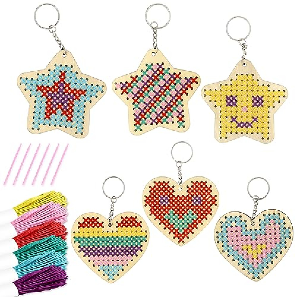 VKPI Wooden Cross Stitch Kits for Kids, Make Your Own 6 Cross Stitching Keyrings, Wood Sewing Kit, Arts & Crafts Stars, Hearts Ornaments, Plastic Needle Embroidery Kit for Beginners, Girls, 6-13