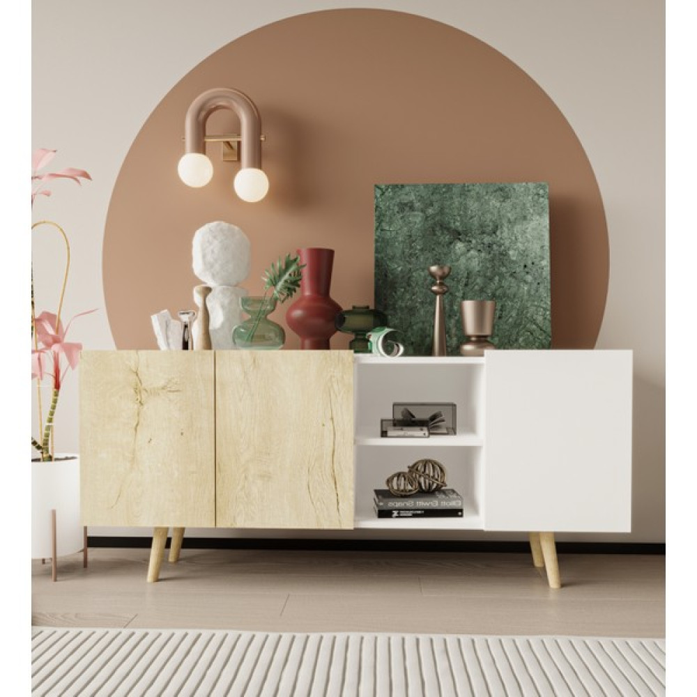 VM VERTEX MOBİLYA Milano Ahşap Ayaklı Modern Konsol 160 cm Safir Meşe - Beyaz - 160 - Safirmeşe - Beyaz Konsol Mobilya Fiyatı