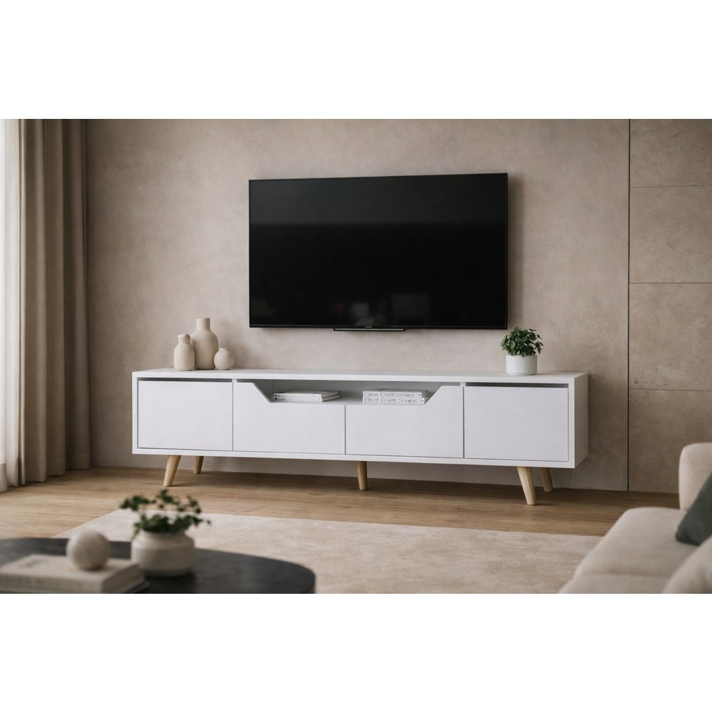 VM VERTEX MOBİLYA Roma Ahşap Ayaklı Tv Ünitesi Tv Sehpası Beyaz Tv Ünitesi / Sehpası Fiyatı
