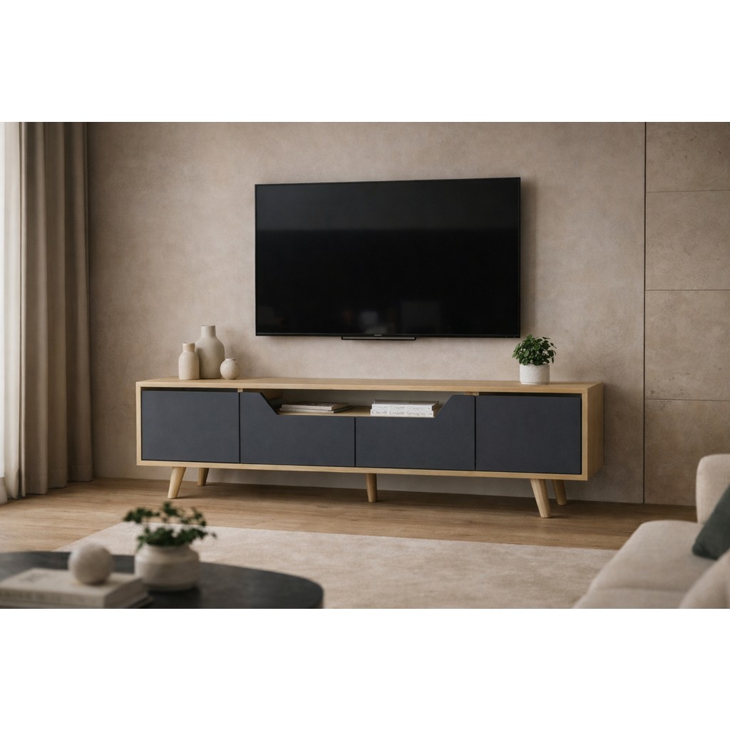 VM VERTEX MOBİLYA Roma Ahşap Ayaklı Tv Ünitesi Tv Sehpası Safir Meşe - Antrasit Tv Ünitesi / Sehpası Fiyatı