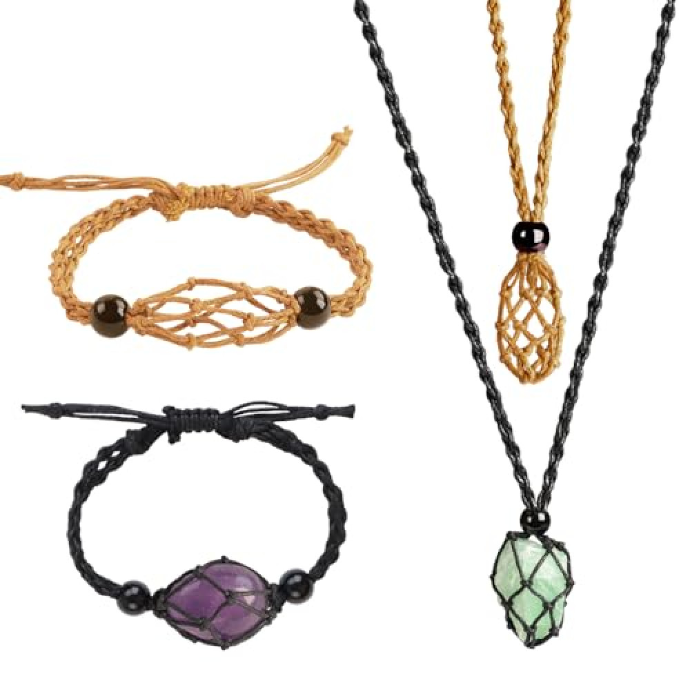 VNVETYTO 4 PCS Crystal Cage Necklace and Bracelet Cord Holder Empty Stone Holder Replacement Hand-Woven Cord with Adjustable Length（Style 9）