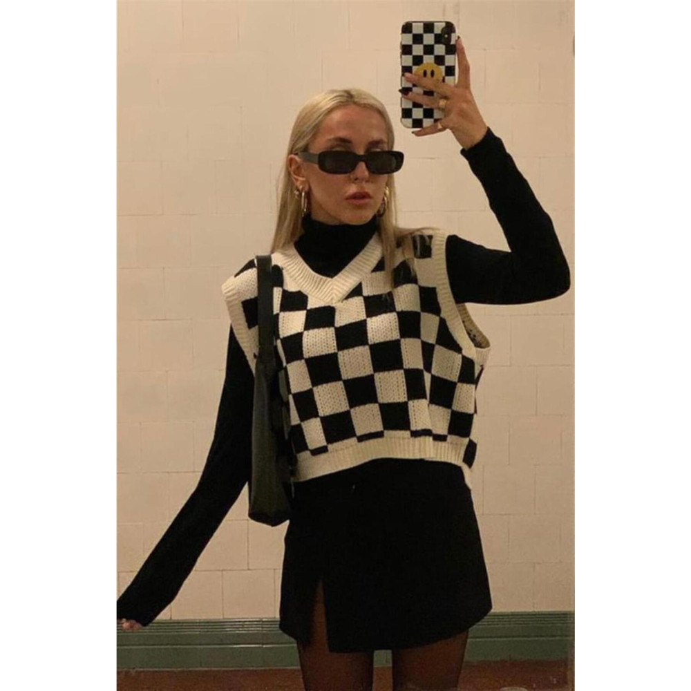 VOG PLUS Harajuku Siyah Beyaz Kareli Oversize Unisex Süveter Standart Beden Bayan Kazak & Süveter & Triko Fiyatı