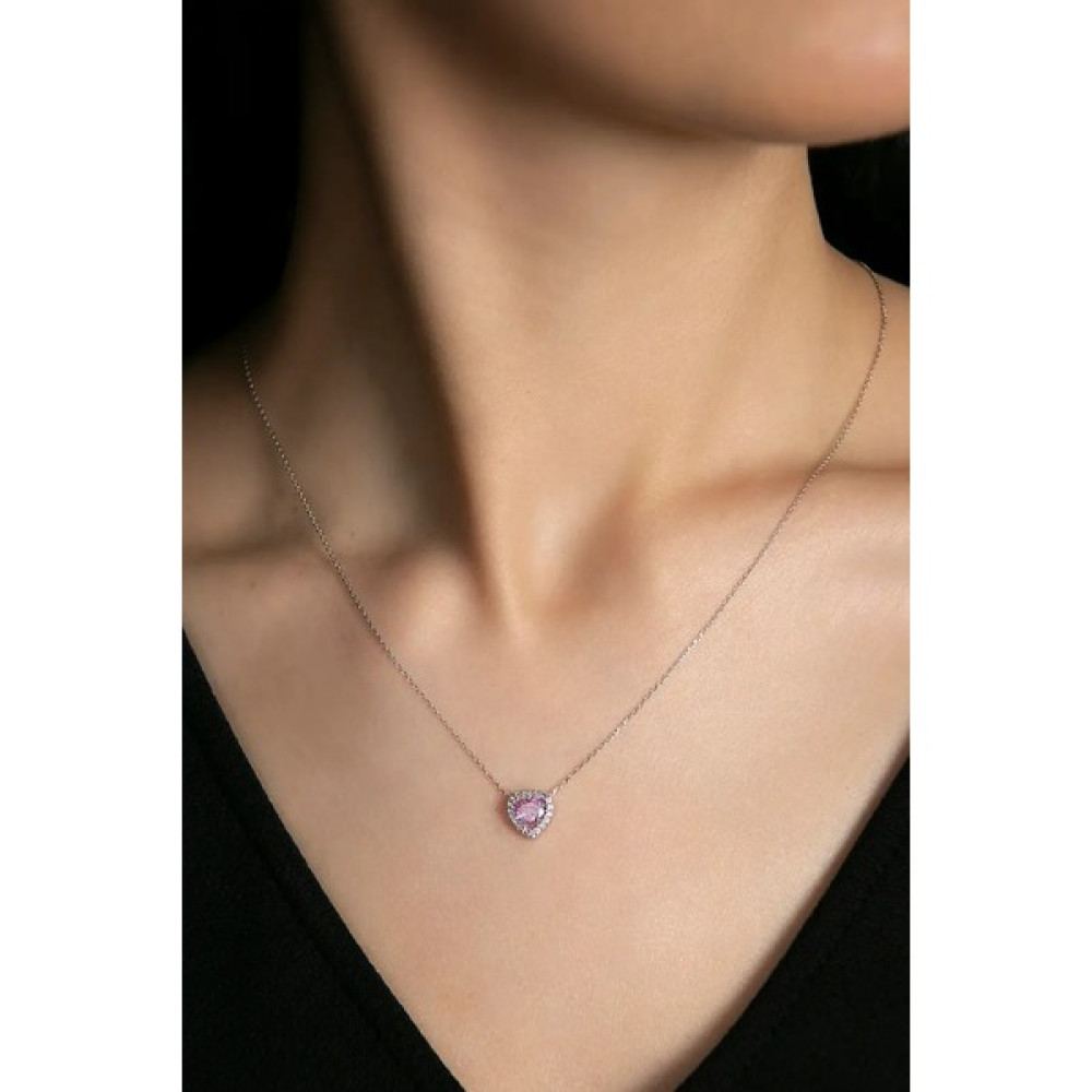 Vogutima Swarovski Taşlı Pandora’s Model Pembe Kalp Taş Detay 925 Ayar Gümüş • Sevgiliye • Arkadaşa Kolye - 45 cm Gümüş Kolye Fiyatı