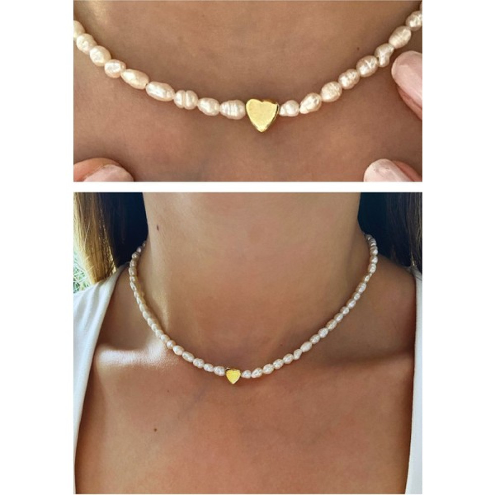 Vogutima Vog Gerçek 3 mm Kum Arpa Inci Kalpli 925 Ayar Gümüş Sevgiliye,anneye,arkadaşa Kolye,choker - Sarı - 50 CM Gümüş Kolye Fiyatı