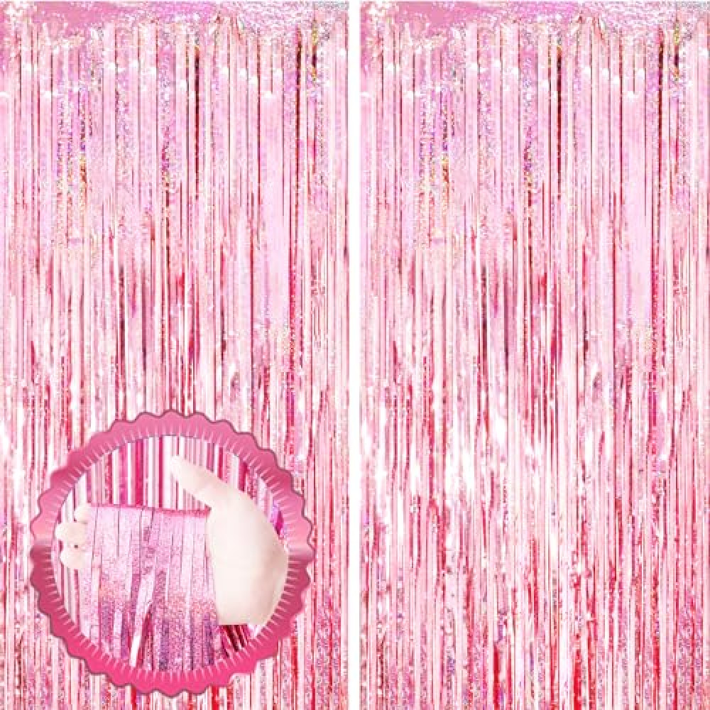Voircoloria 2 Pack Laser Pink Tinsel Foil Fringe Curtains, Valentines Day Pink Decorations, Metallic Tinsel Party Streamers Backdrop for Birthday Bachelorette Graduation Wedding Party Decorations