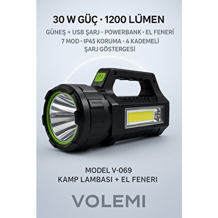Volemi Uzun Menzilli Şarjlı Kamp Lambası El Feneri 1200 Lümen LED Güçlü Aydınlatma Özelliği Diğer Fiyatı