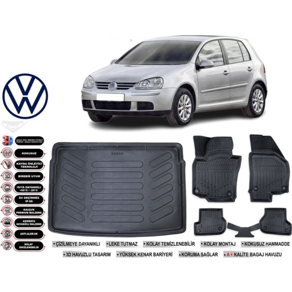 Volkswagen Golf 5 2005 Model Bagaj Havuzu Araca Özel Siyah Ekstra Havuzlu Paspas Takımı Oto Paspas Fiyatı