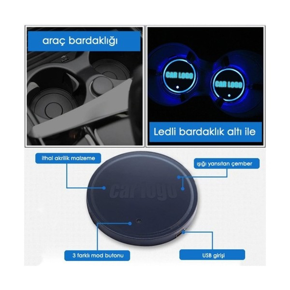 Volkswwagen Vw Uyumlu Ledli Bardaklık Altı USB Şarjlı (2 Adet) - Kırmızı-Mavi-Yeşil Oto Seyahat Ürünleri Fiyatı