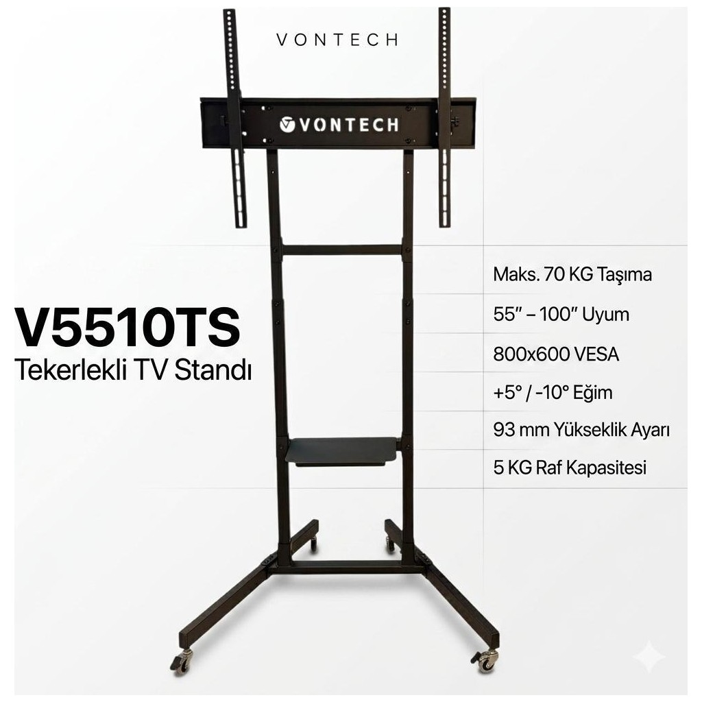 Vontech V5510TS 55-100'' Tekerlekli Ayaklı Lcd-Led Tv Standı - Siyah - 1Adet Televizyonlar Fiyatı
