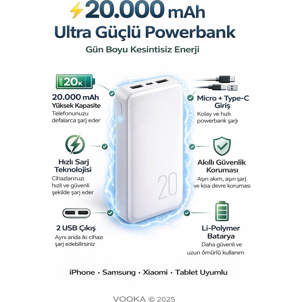 vooka 20.000 Mah Ultra Güçlü Powerbank – Hızlı Şarj ve Gün Boyu Kesintisiz Enerji - Beyaz - Siyah Taşınabilir Şarj Cihazı - Powerbank Fiyatı