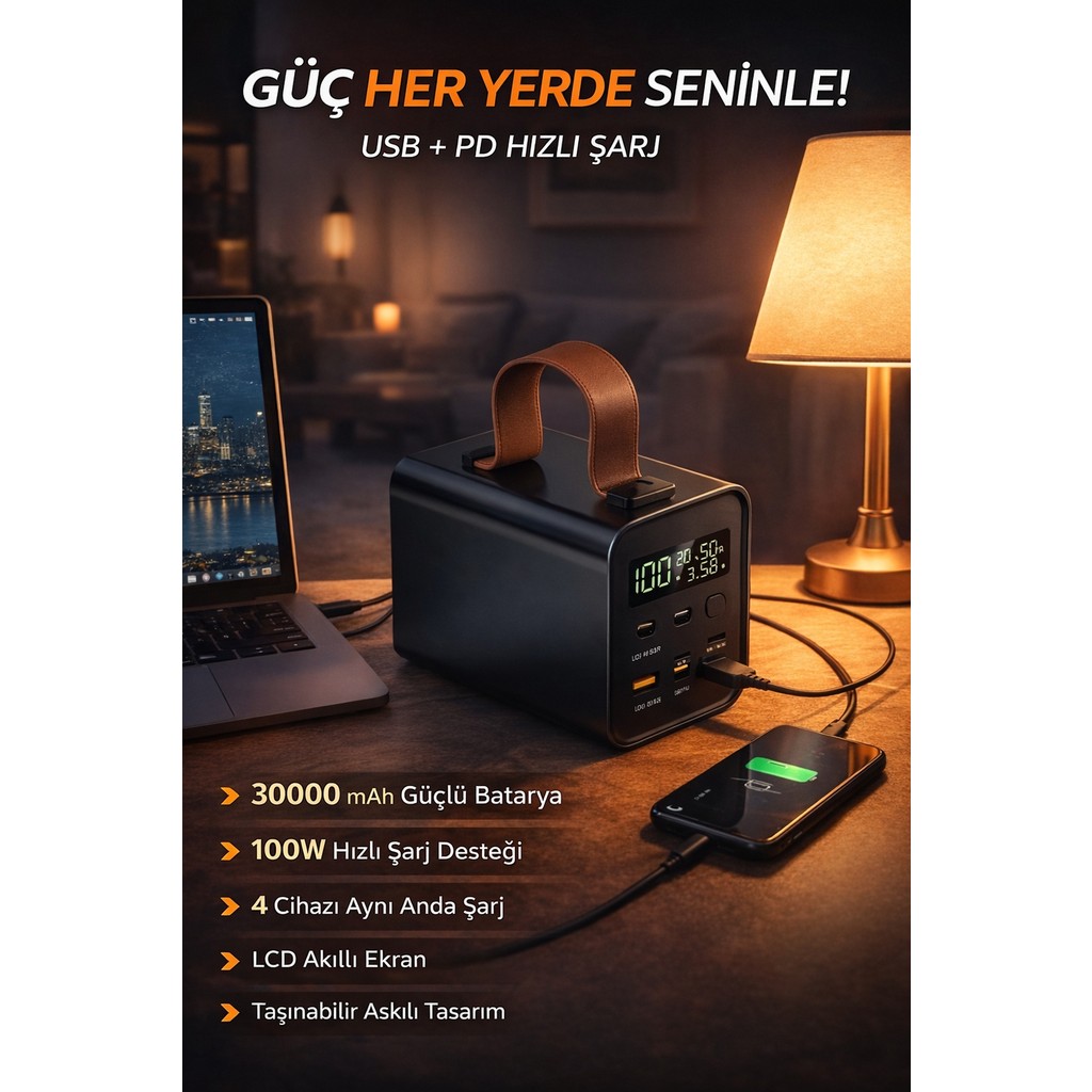 vooka 30000 Mah 100W Hızlı Şarj LCD Ekranlı 4 Cihaz Aynı Anda Şarj Powerbank Usb-C Pd - Koyu Gri Taşınabilir Şarj Cihazı - Powerbank Fiyatı