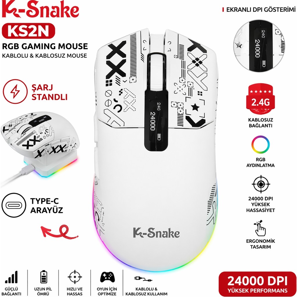 vooka Kablosuz Rgb Gaming Mouse 24000 Dpı Şarj Standlı Type-C Oyuncu Mouse - Siyah - Beyaz Bilgisayar Çevirici ve Adaptörü Fiyatı