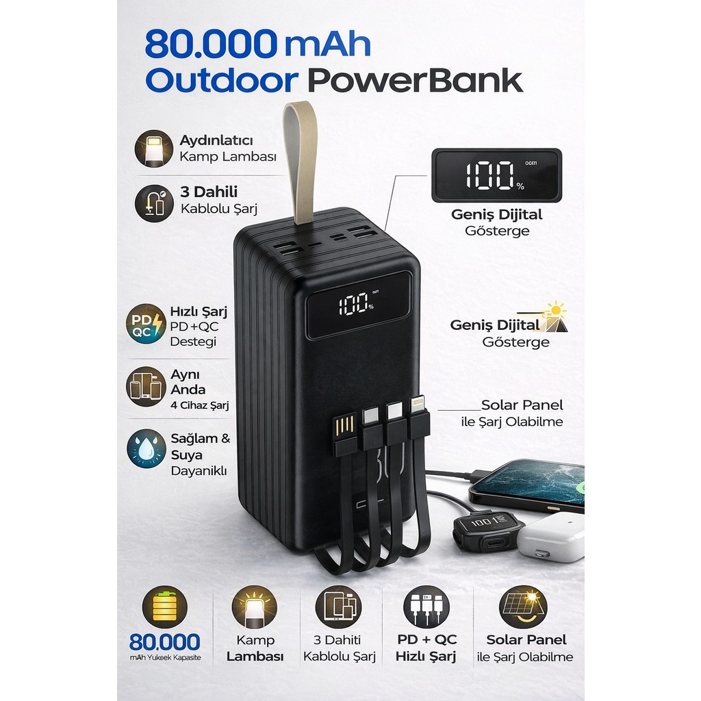 vooka Outdoor Powerbank LED Işıklı Heryerde Kullanım Kolaylığı - Siyah Taşınabilir Şarj Cihazı - Powerbank Fiyatı