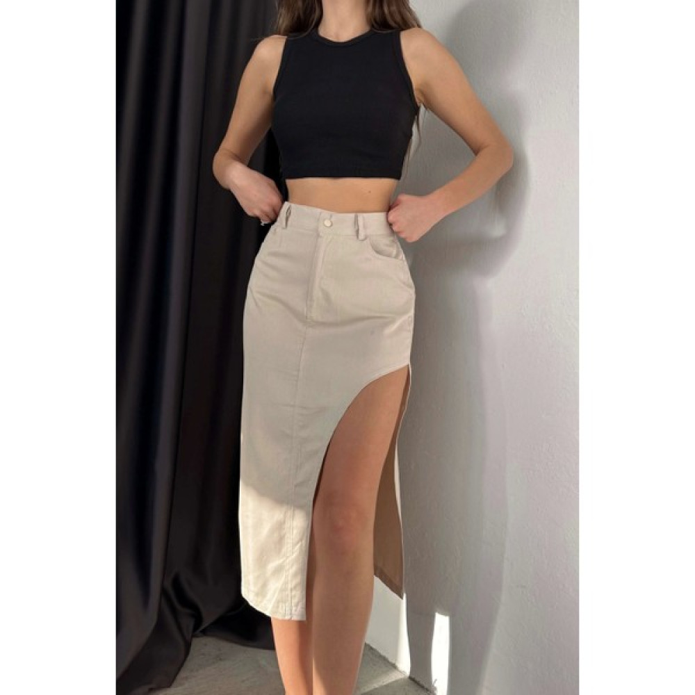 VOOL STYLE Kadın Bej Derin Yırtmaçlı Etek 0999-23049 Etek Fiyatı