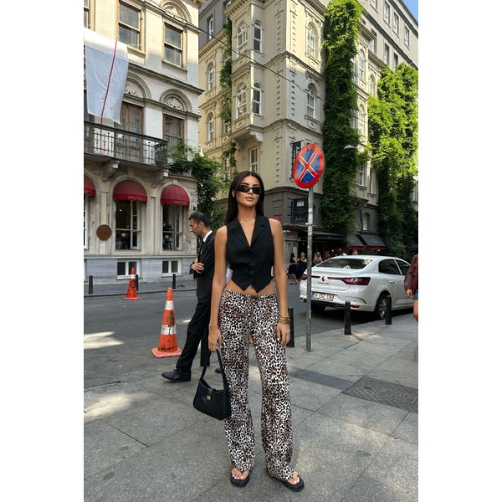 VOOL STYLE Kadın Leopar Bağcıklı Beli Lastikli Pantolon 0999-9039 Bayan Jeans / Kot Pantolon Fiyatı