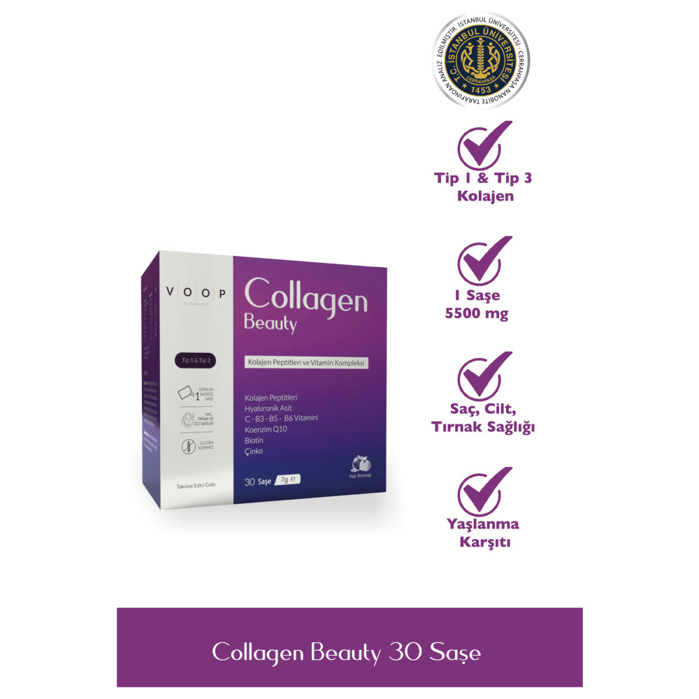 VOOP Collagen Beauty Tip 1 ve Tip 3 5500 mg Nar Aromalı Hyaluronic Asit+Q10+Biotin+Çinko 30 Saşe 7 gr Sağlık Fiyatı