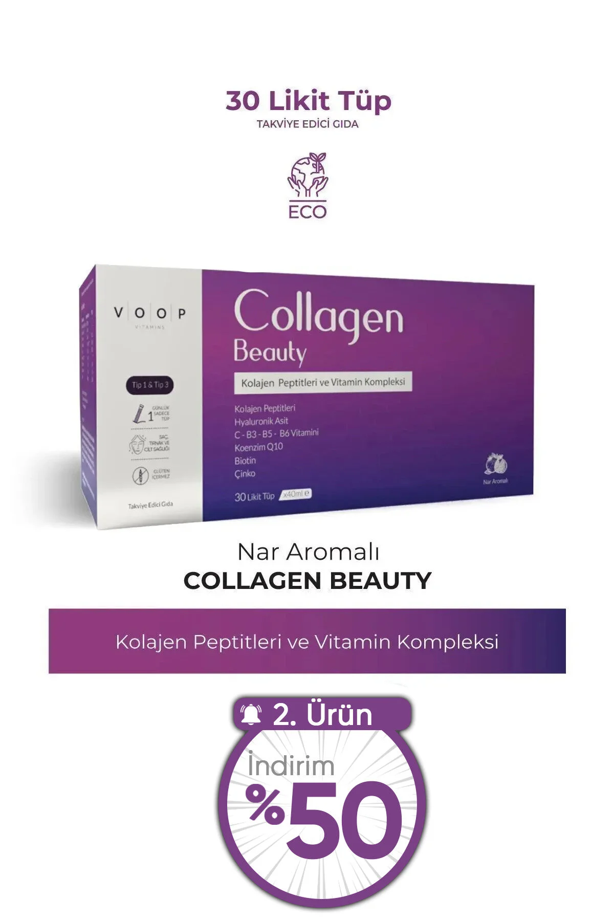 VOOP Collagen Beauty Yüksek Biyoaktif Hidrolize Kolajen %100 Saf Ve Doğal - 30 Tüp" Sağlık Fiyatı