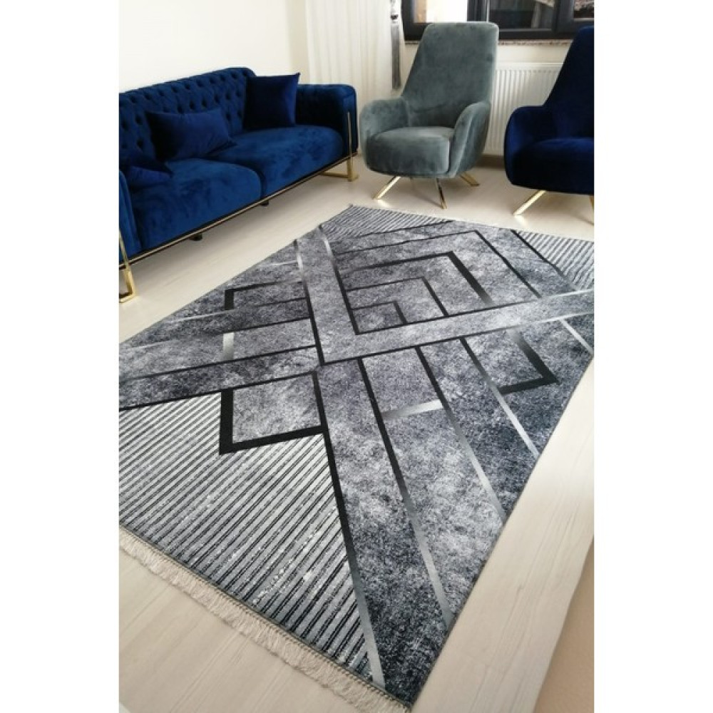 Vopteks Modern Dijital Baskı Yıkanabilir Kaymaz Taban Beyaz Siyah Dekoratif Salon Halısı Mutfak Halısı Yolluk - Gri - 200 x 300 cm Salon Halısı Fiyatı