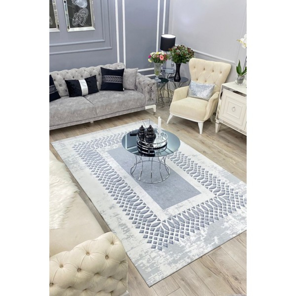 Vopteks Modern Dijital Baskı Yıkanabilir Kaymaz Taban Beyaz Siyah Dekoratif Salon Halısı Mutfak Halısı Yolluk - Gri - Krem - 200 x 300 cm Salon Halısı Fiyatı