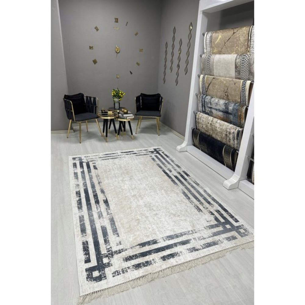 Vopteks Modern Dijital Baskı Yıkanabilir Kaymaz Taban Beyaz Siyah Dekoratif Salon Halısı Mutfak Halısı Yolluk - Gri - Krem - 80 x 100 cm Salon Halısı Fiyatı