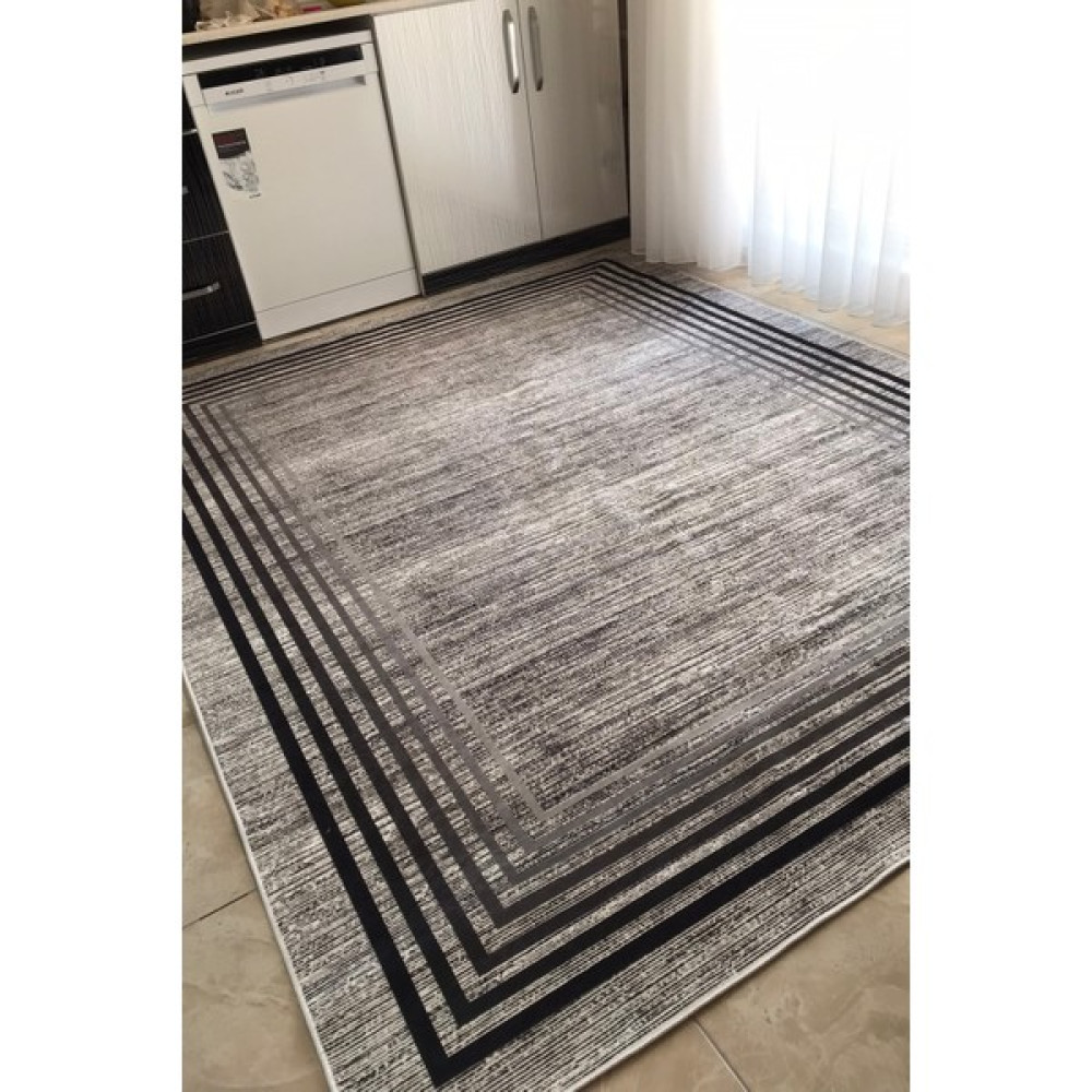 Vopteks Modern Dijital Baskı Yıkanabilir Kaymaz Taban Beyaz Siyah Dekoratif Salon Halısı Mutfak Halısı Yolluk - Gri - Siyah - 80 x 200 cm Salon Halısı Fiyatı
