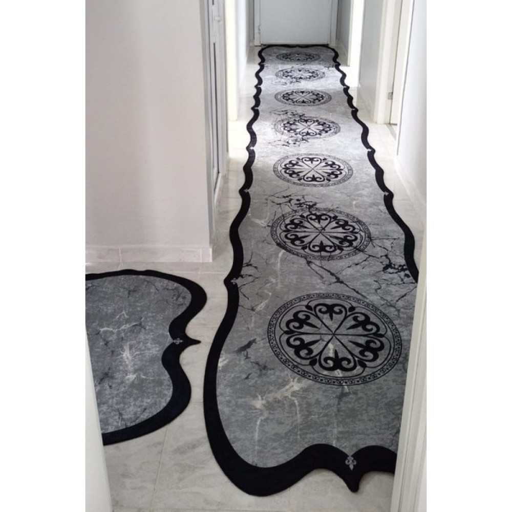 Vopteks Modern Dijital Baskı Yıkanabilir Kaymaz Taban Beyaz Siyah Dekoratif Salon Halısı Mutfak Halısı Yolluk - Gri - Siyah - 80 x 250 cm Salon Halısı Fiyatı