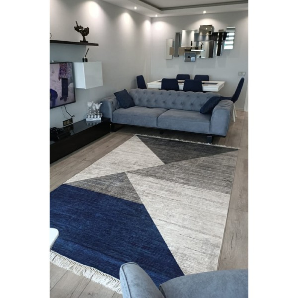 Vopteks Modern Dijital Baskı Yıkanabilir Kaymaz Taban Beyaz Siyah Dekoratif Salon Halısı Mutfak Halısı Yolluk - Lacivert - Gri - 200 x 300 cm Salon Halısı Fiyatı