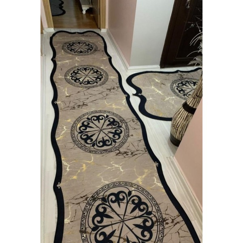 Vopteks Modern Dijital Baskı Yıkanabilir Kaymaz Taban Beyaz Siyah Dekoratif Salon Halısı Mutfak Halısı Yolluk - Vizon - Siyah - 80 x 300 cm Salon Halısı Fiyatı