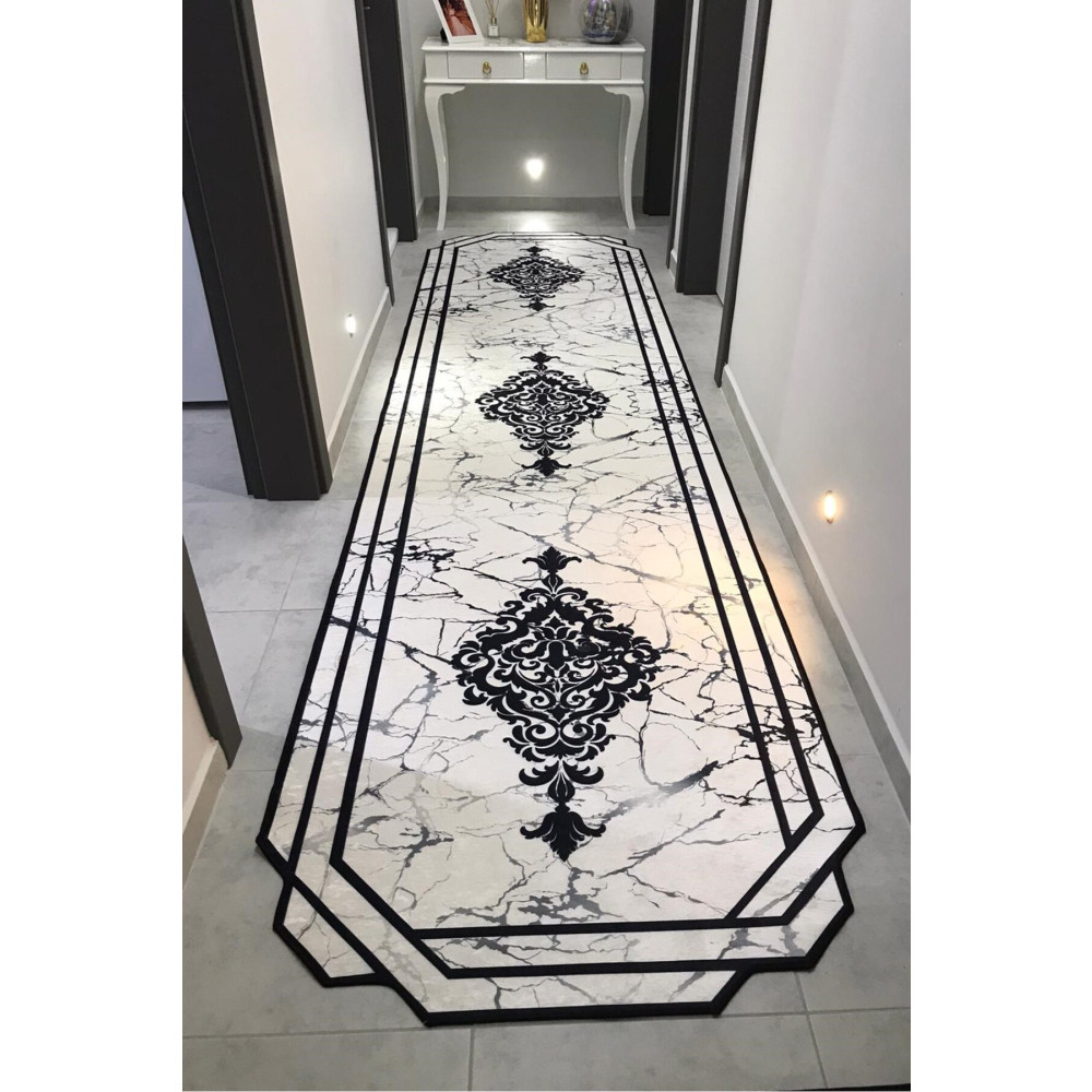 VOPTEKS Siyah Beyaz Lazer Kesim Yolluk Koridor Halısı Makinede Yıkanabilir Kaymaz Yolluk Hol Antre Halısı 140 x 200 Beden Yolluk Fiyatı