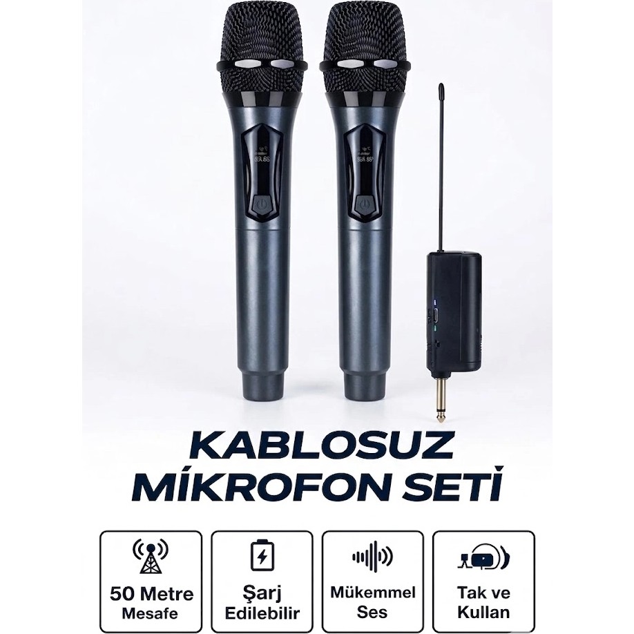 Vothoon Profesyonel Çiftli Kablosuz Mikrofon Seti Karaoke Şarj Edilebilir 50 Metre - Siyah Stüdyo Mikrofonu Fiyatı