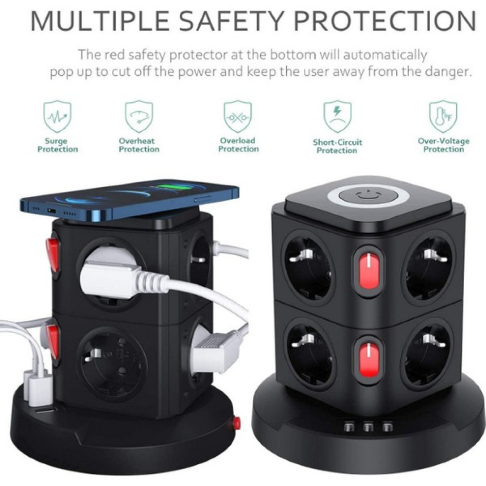 Vothoon Termal Akım Korumalı Isıya Dayanıklı 3 USB 8 Priz ve Wireless Kablosuz Şarj 2.4 Amper Kablolu Priz - Siyah Prizler Fiyatı