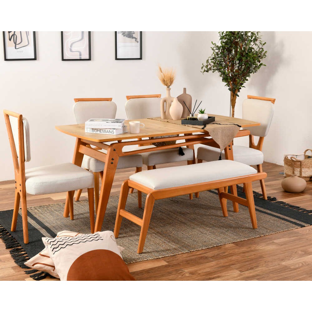 VowTurkey Palace Iskandinav 4 Sandalye 1 Bench 1 Masa Meşe iskelet Salon&Mutfak Masa Sandalye Takımı-El İşçiliği - 80*160 - Krem Standart Sandalye Fiyatı