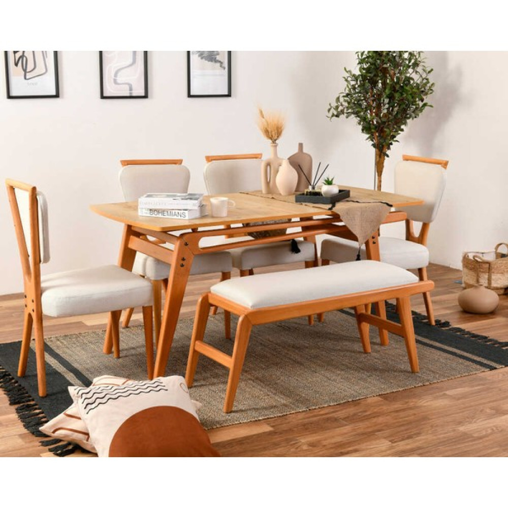 VowTurkey Palace Iskandinav 4 Sandalye 1 Bench 1 Masa Meşe Iskelet Yemek Mutfak Masa Takımı- El Işçiliği - 80*160 - Beyaz - Krem Masa - Sandalye Seti / Takımı Fiyatı
