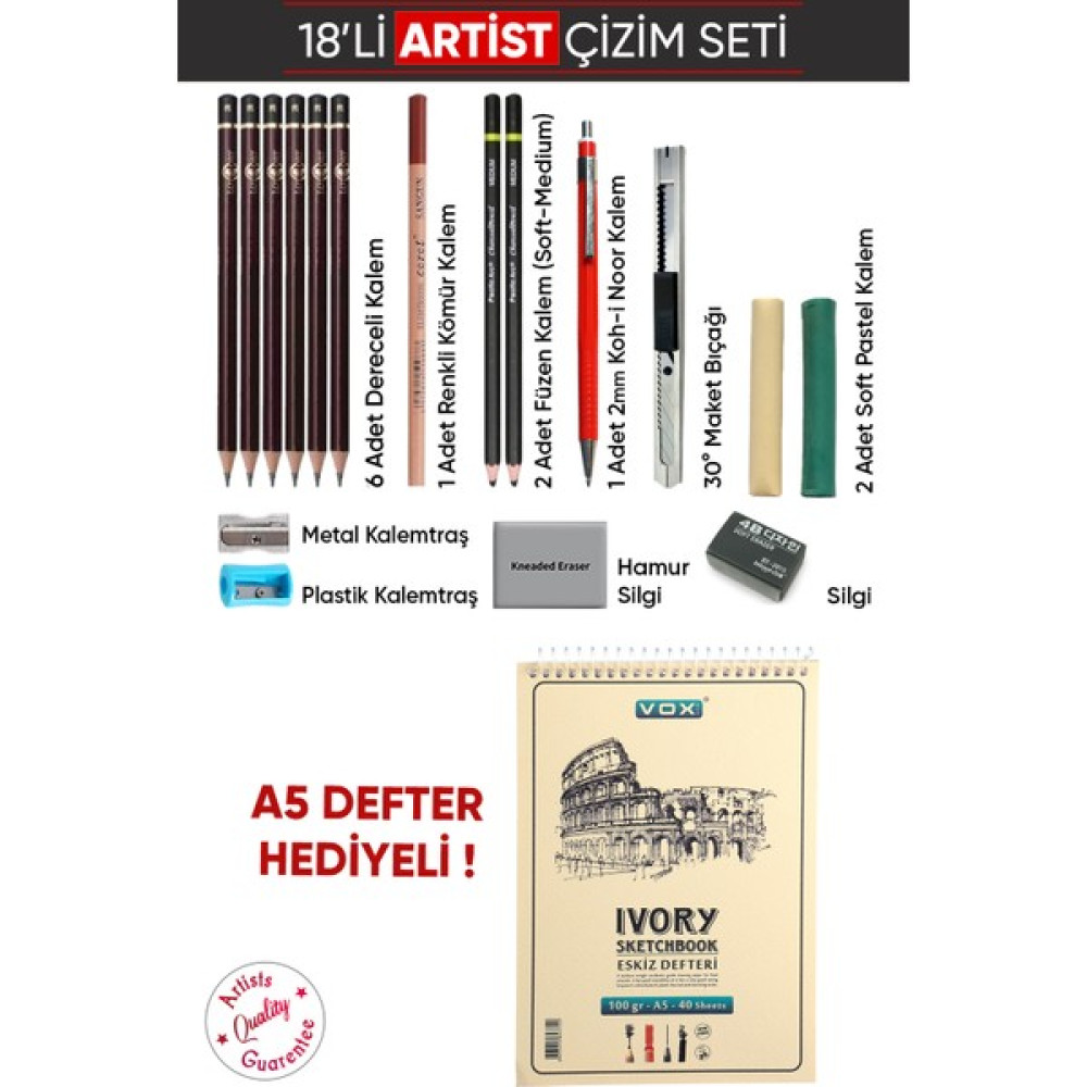 Vox Art Karakalem Çizim Seti, Parça A5 Defterli , Artist Seviye Yardımcı Malzeme Fiyatı