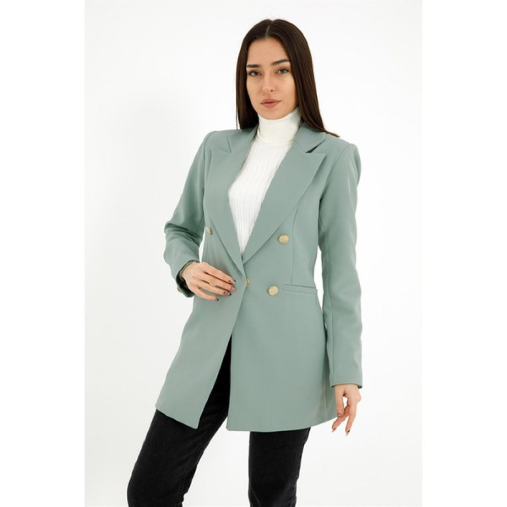 VprModa Omuzları Vatkalı Önü Çıtçıtlı Atlas Kumaş Kadın Blazer Ceket - Mint Yeşili Bayan Ceket Fiyatı
