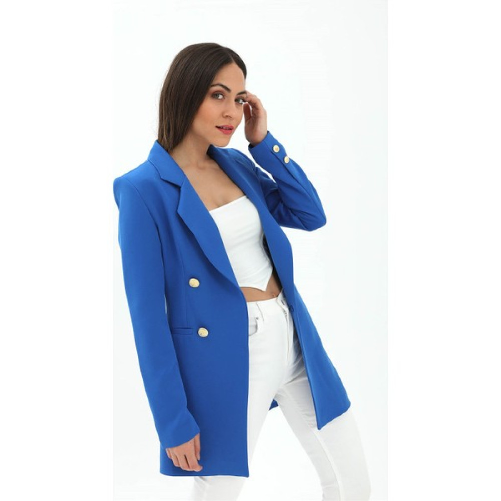 VprModa Omuzları Vatkalı Önü Çıtçıtlı Atlas Kumaş Kadın Blazer Ceket - Saksmavisi Bayan Ceket Fiyatı