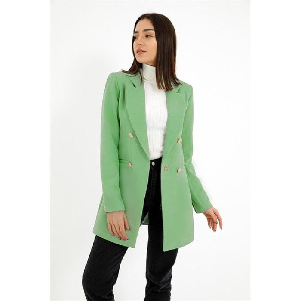 VprModa Omuzları Vatkalı Önü Çıtçıtlı Atlas Kumaş Kadın Blazer Ceket - Yeşil Bayan Ceket Fiyatı