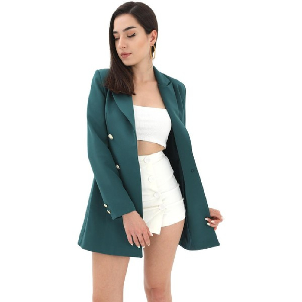 VprModa Omuzları Vatkalı Önü Çıtçıtlı Atlas Kumaş Kadın Blazer Ceket - Zümrüt Bayan Ceket Fiyatı