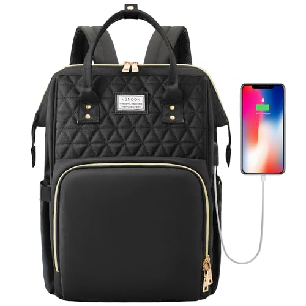 VSNOON Laptop Backpack for Women,15.6 Inch Stylish Laptop Rucksack Wide Open, Travel Backpack with USB Charging Port, Water Resistant Work Bag Computer Backpack for Women, Black