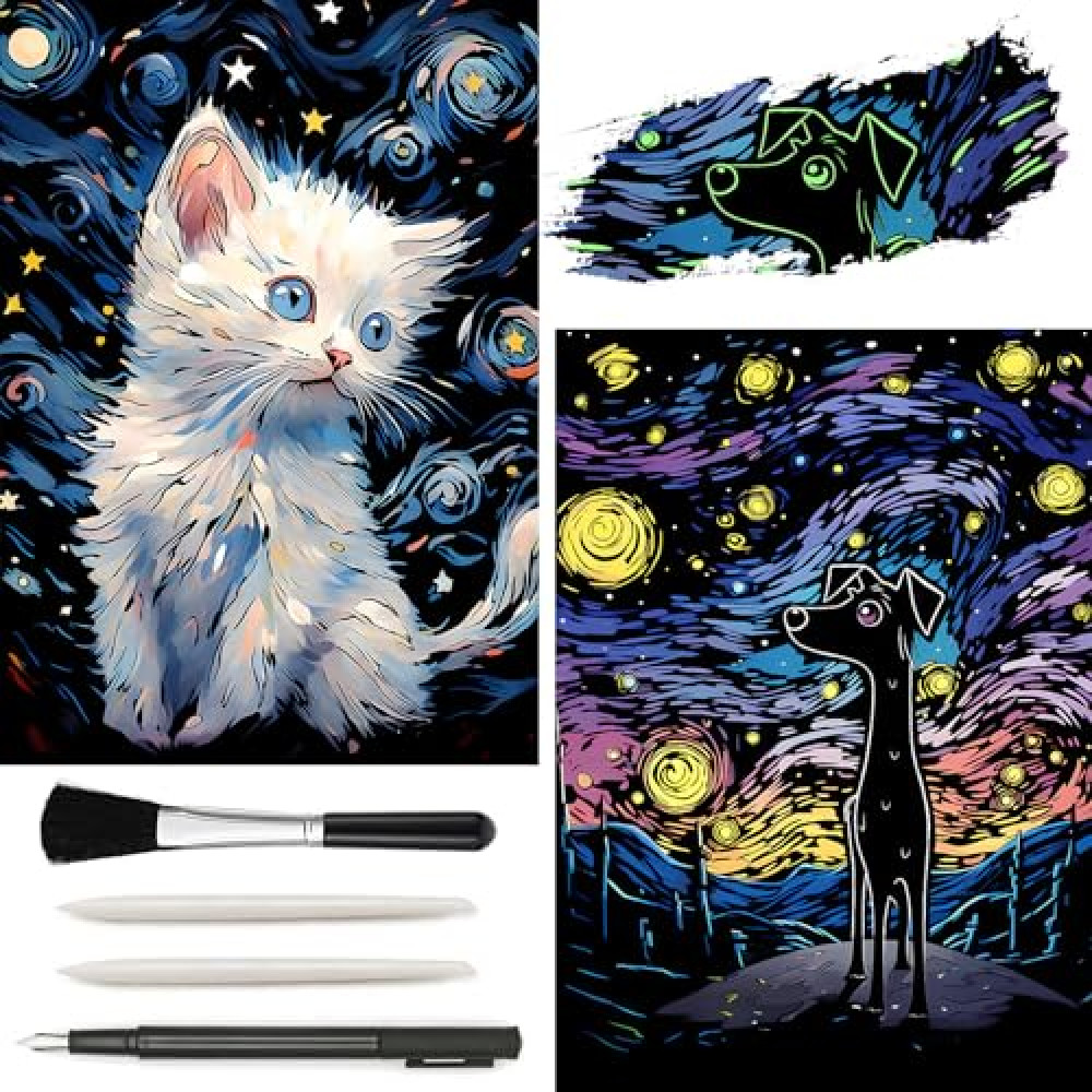 VTEAS Glow in The Dark Scratch Art Rainbow Painting Paper, 2 Pack Van Gogh Style Engraving Art Creative Craft Tools Set, Fun Magic DIY Sketch Card Scratchboard for Teen & Adults (Cats + Dogs)