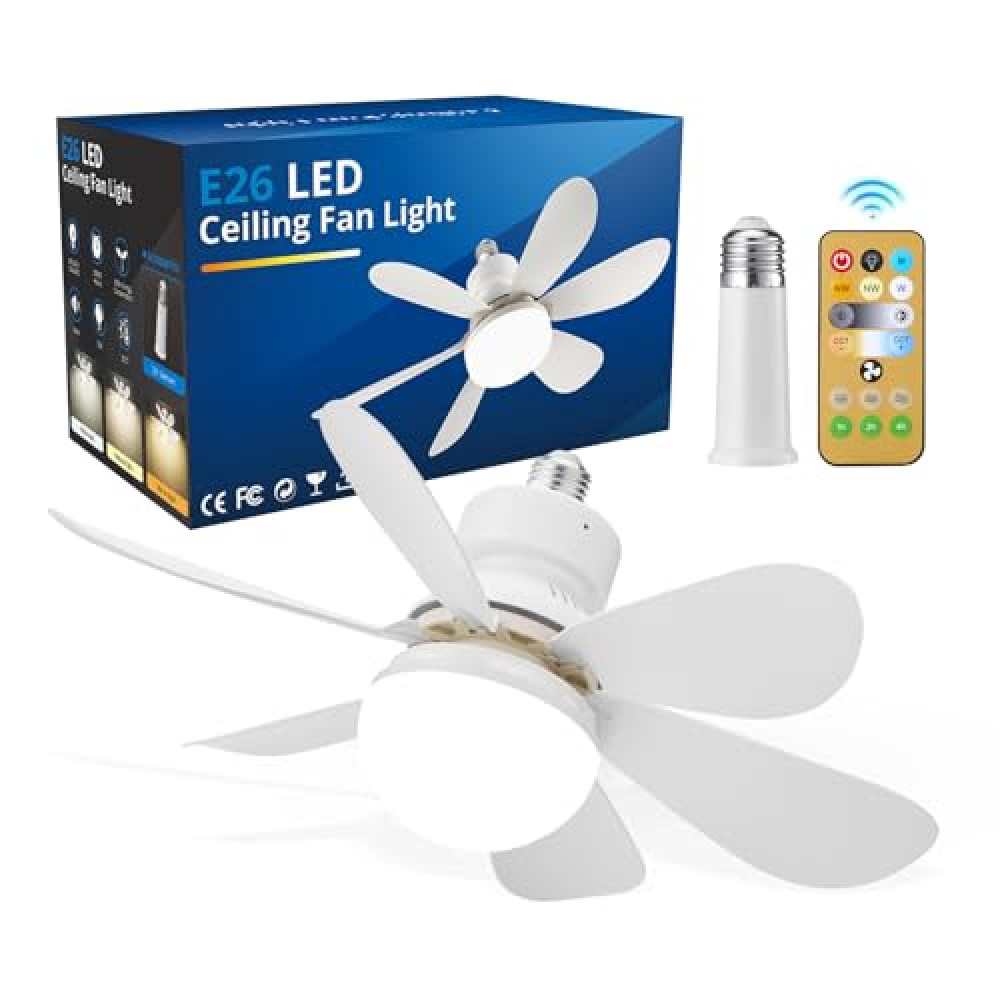 Vtuik Screw in Ceiling Fan in Light Socket with Remote Control, Mini E26 Plug in Light Bulb Small Fan Fixtures Combo for Bathroom Bedroom Patio, Dimmable Warm Natural Cool White, 16.5 Inch