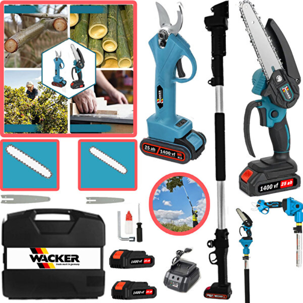 Wacker Alman 2'li Set Blue 1400 Vf 25 Ah 2 Akülü Bağ Makası + Zincirli Dal Budama Makinası + 2.7 Metre Teleskopik Uzatma Dal Budama Makineleri Fiyatı