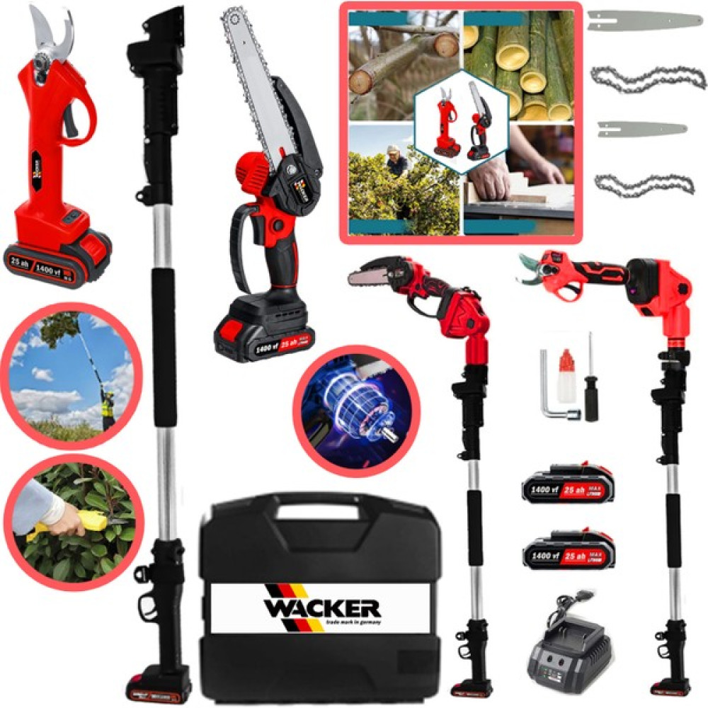 Wacker Alman 2'li Set Red 1400 Vf 25 Ah 2 Akülü Bağ Makası + Zincirli Dal Budama Makinası + 2.7 Metre Teleskopik Uzatma Dal Budama Makineleri Fiyatı