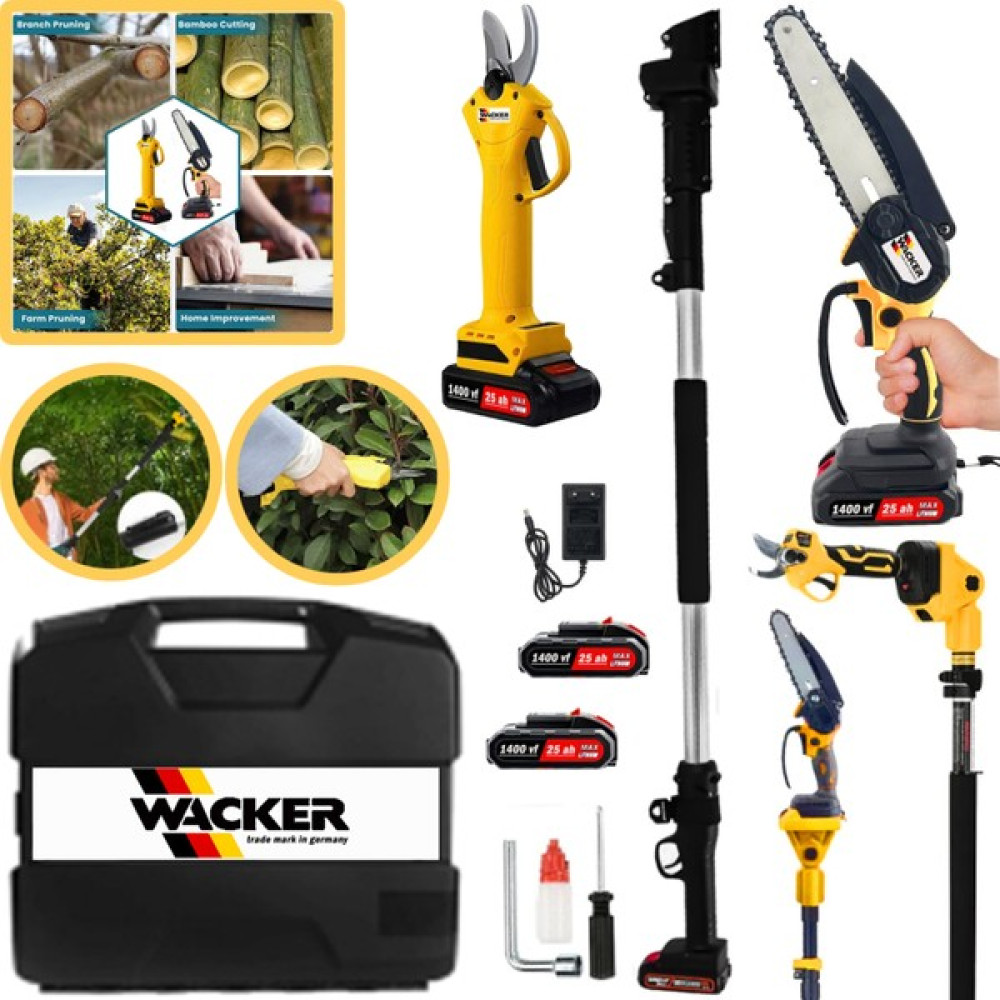 Wacker Alman Yellow 1400 Vf 25 Ah 2 Akülü Zincirli Dal Budama + Bağ Makası + 2.7 Metre Teleskopik Uzatma Dal Budama Makineleri Fiyatı