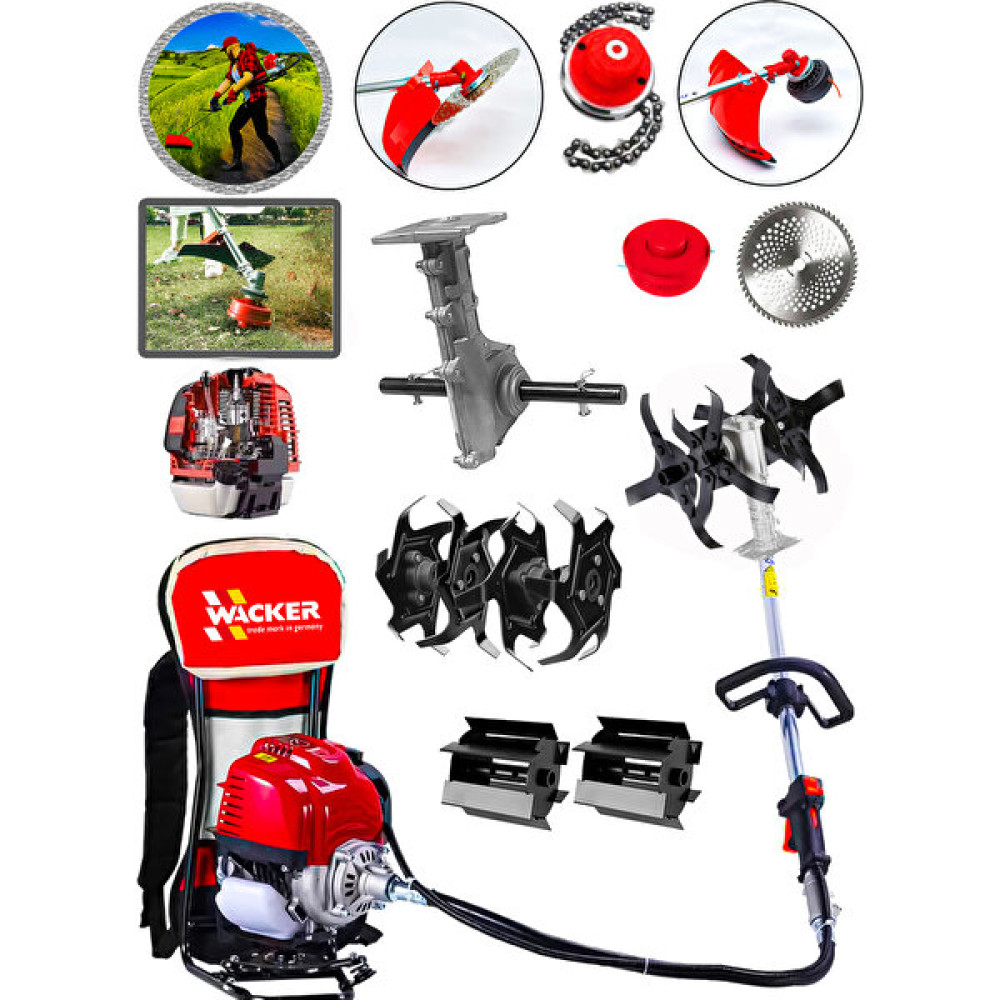 Wacker Germany 3 In 1 Red Worx Series Sırt Tipi Tırpan + Toprak Eşeleme Aparatı + Akrobat Çapa Aparatı Çapalama Makinesi Fiyatı