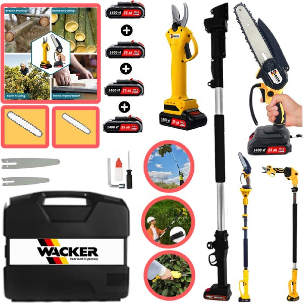 Wacker Germany Yellow 4 Adet Akülü Dal Budama + Bağ Makası 1800 Vf Akülü 2.7 Metre Teleskopik Dal Budama Makineleri Fiyatı