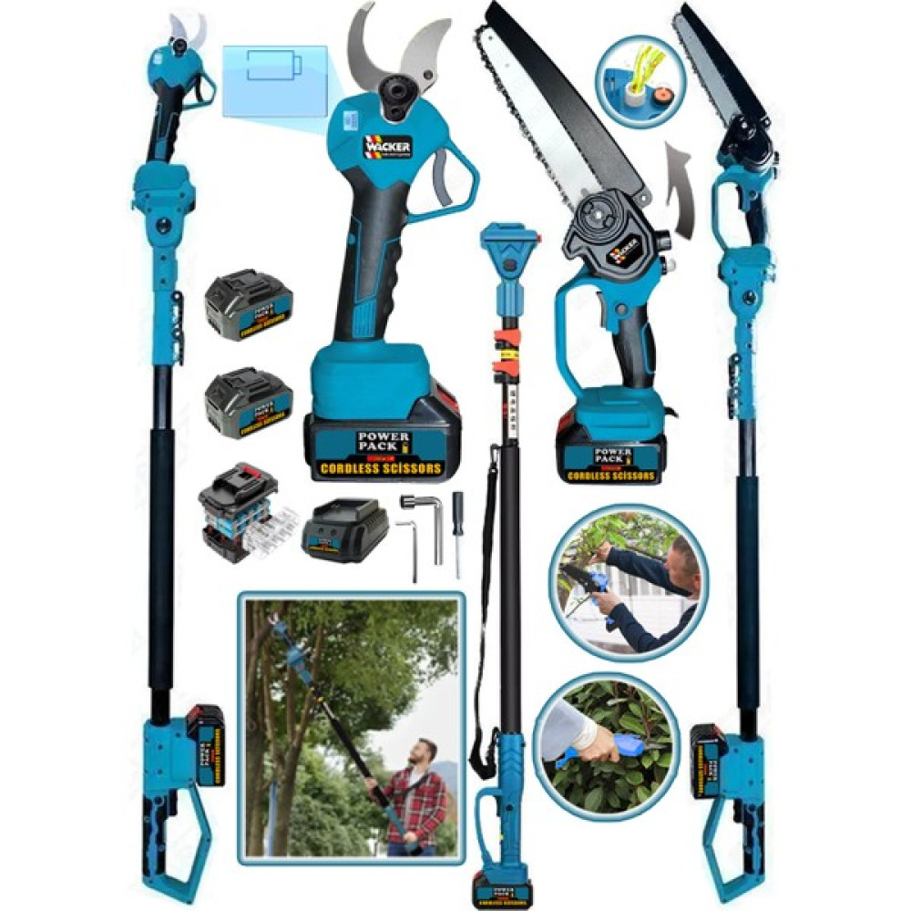 Wacker Pro 2 Akü 10 Pilli Set Teleskopik Uzatma + Yağ Pompalı Şarjlı Dal Ağaç Kesme + 40 mm Dijital Bağ Budama Makası Oto Boyaları Fiyatı